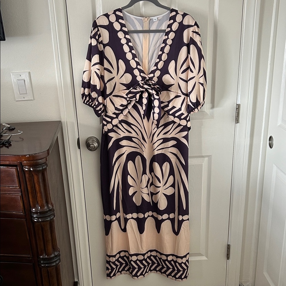 Source Unknown Women’s Purple and Cream Midi Dress, Size XL, NWOT